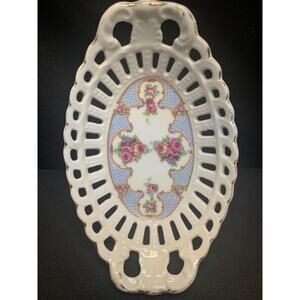Vintage Schumann Bavaria Trinket Dish Ceramic Rose Cut Out Pattern Oblong 5.25”